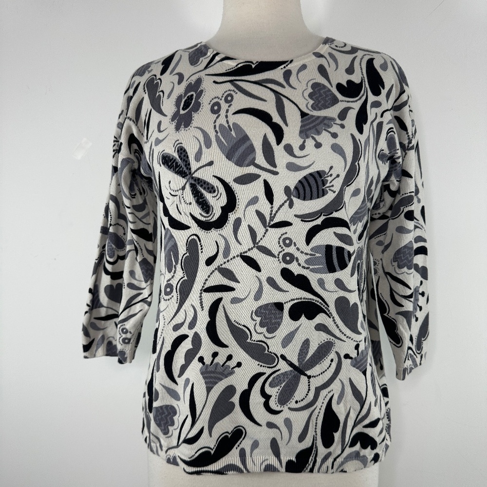 GUDRUN SJODEN Women’s XS Gray Organic Cotton Lemon Leaves 3/4 Sleeve Sweater